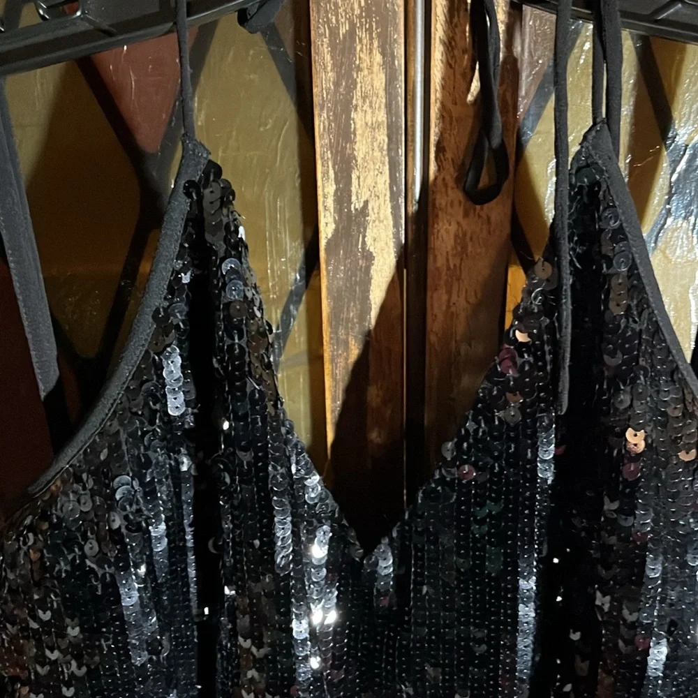 Gudi Black sequin halter mini dress w/ cinching at waist. - Picture 3 of 9